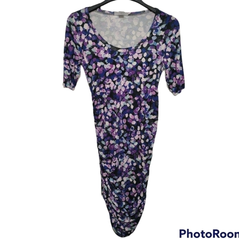 Maternity dress bodycon ruched purple floral Small